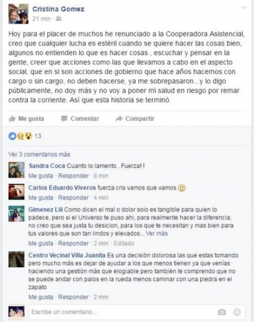 Cristina Gómez anunció por Facebook que renuncia a la Cooperadora Asistencial