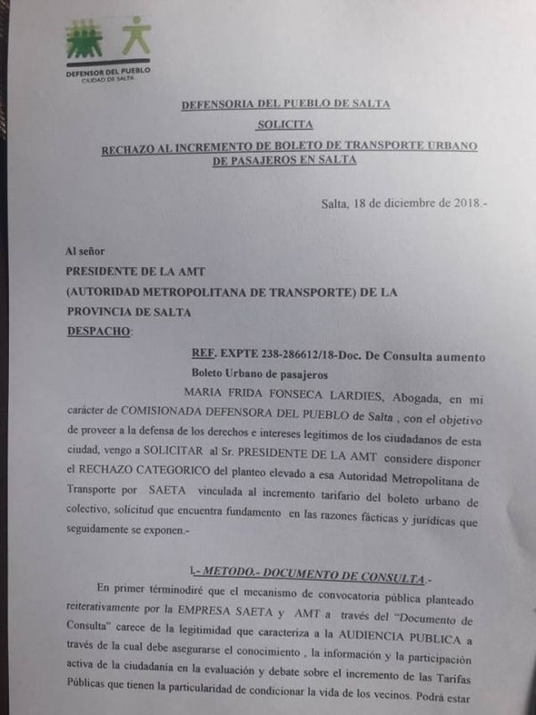 Desde la Defensoría del Pueblo rechazan el nuevo aumento de SAETA
