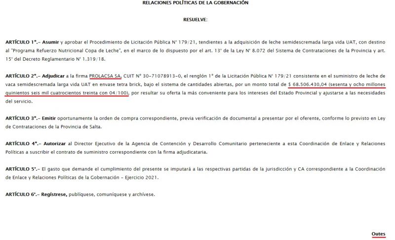 Villada se desliga de la adjudicación millonaria a Prolacsa