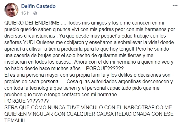 Delfín Castedo se defiende por Facebook y como al pasar nombra a los empresarios “Yudi”