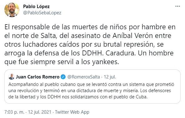 Siguen las críticas a Romero por asegurar ser un “defensor de la libertad y los DDHH”