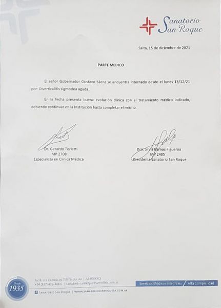 Parte médico del estado de salud del gobernador Sáenz
