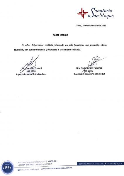 Parte médico del estado de salud del gobernador