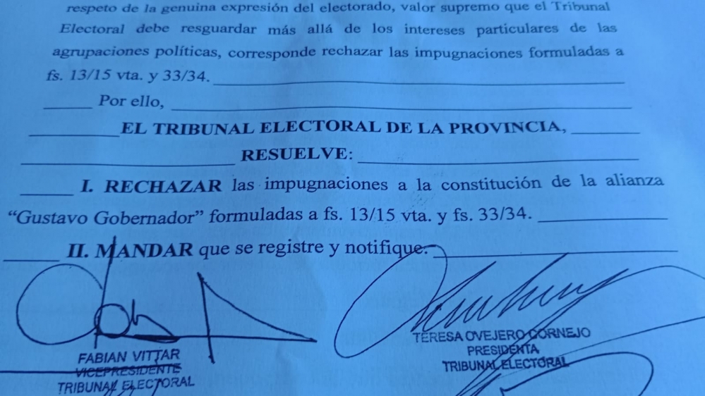 Previsible: El Tribunal Electoral rechazó las impugnaciones a la "alianza" oficialista "Gustavo Gobernador"
