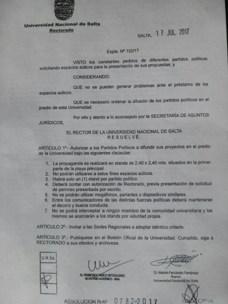 El Rector no quiere política en la UNSa