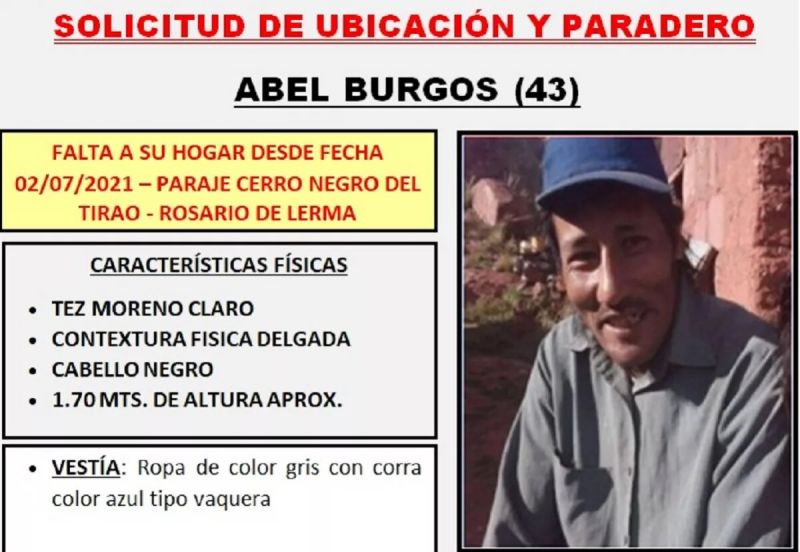 Intensa búsqueda de Abel Burgos en Payogasta y Rosario de Lerma