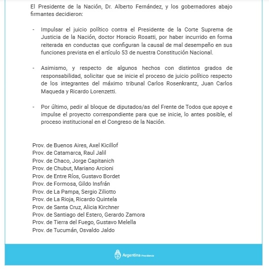 Sáenz no fue parte del comunicado de gobernadores apoyando el juicio político contra la Corte Suprema
