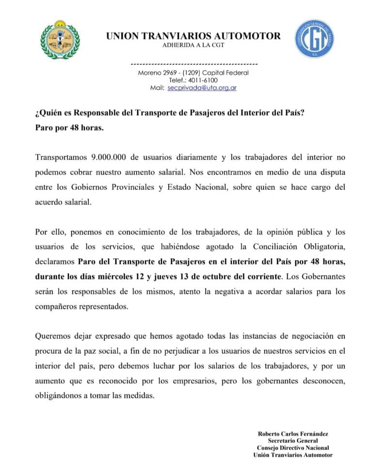 UTA anunció un paro de 48 horas