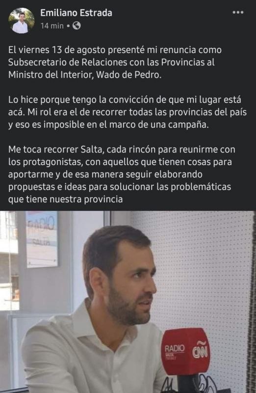 Emiliano Estrada renunció a su cargo en el Ministerio del Interior