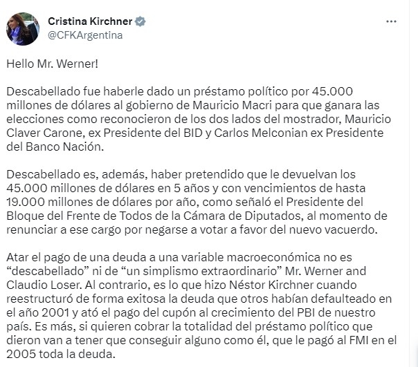 CFK le respondió a una autoridad del FMI: “Descabellado es el préstamo político que le dieron a Macri”