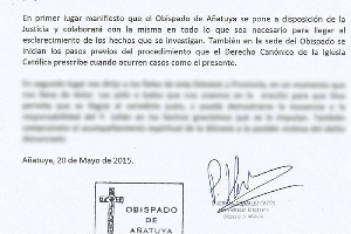 La diócesis de Añatuya se puso a disposición de la Justicia y aplicará el procedimiento del Derecho Canónico al cura acusado