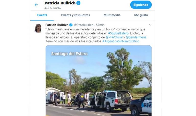 Bullrich subió un video destacando el secuestro de 86 ladrillos de marihuana en Santiago del Estero