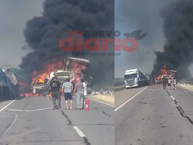 Violento accidente entre 3 camiones y un móvil policial