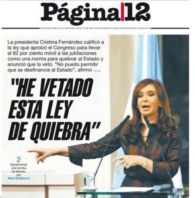 En 2010 Cristina Kirchner vetó el 82% móvil para los jubilados