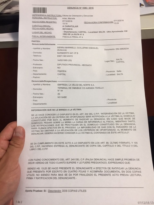 NUEVA DENUNCIA CONTRA LA VELOZ DEL NORTE