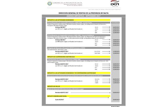 RENTAS INFORMA EL CALENDARIO IMPOSITIVO DE SEPTIEMBRE