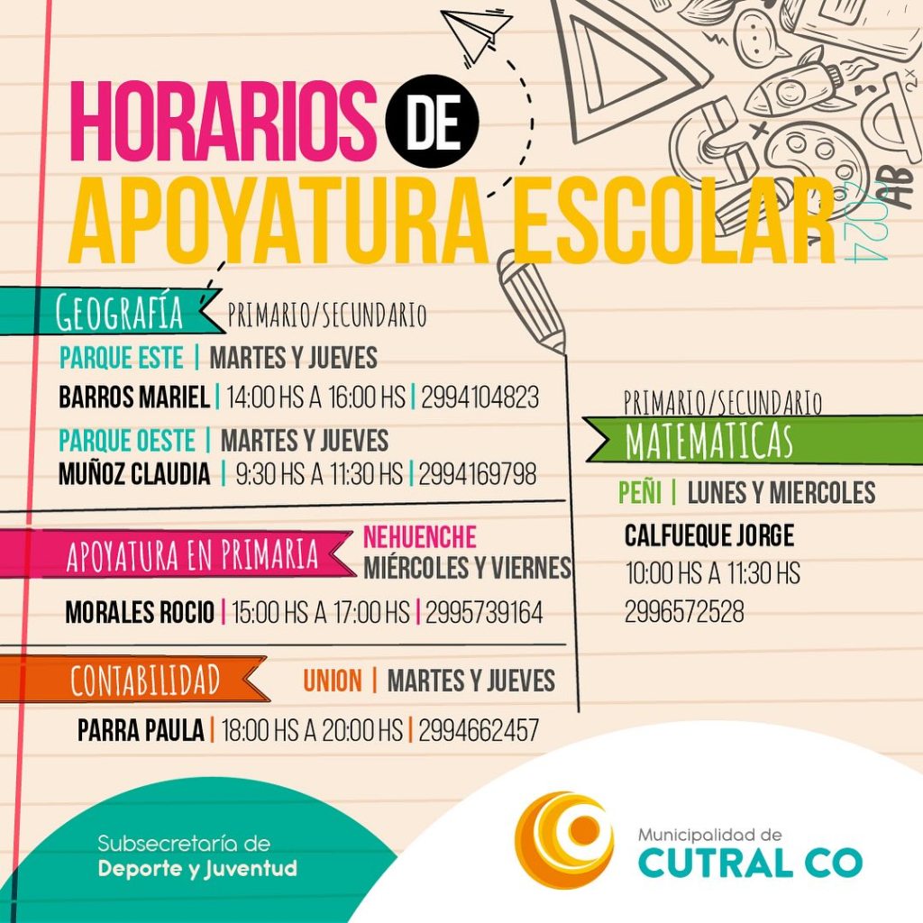 Ofrecemos apoyatura escolar para nivel primario y para las asignaturas de Geografía, Matemáticas y Contabilidad.