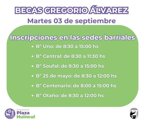 Personal de la Municipalidad de Plaza Huincul realizará inscripciones para las Becas Gregorio Álvarez