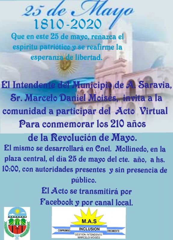 APOLINARIO SARAVIA : ACTO VIRTUAL POR EL 25 DE MAYO
