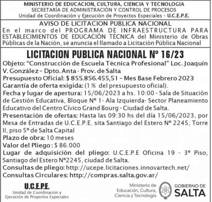 Llamado a Licitación Pública para construcción de Escuela Técnica en J. V. Gonzalez
