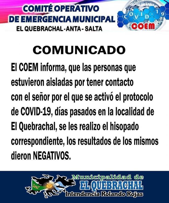 El Quebrachal. Resultado coronavirus negativo para las personas aisladas