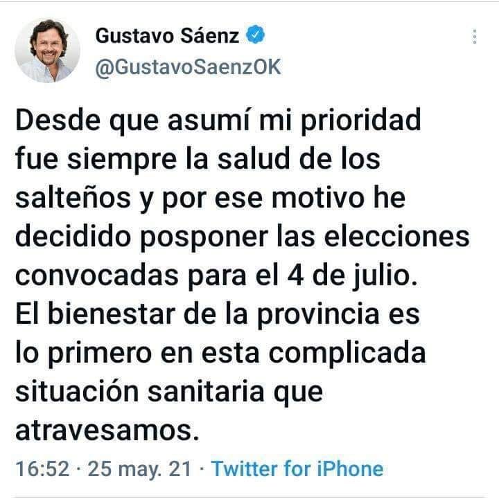 Por la situación sanitaria, el gobernador Sáenz suspendió las elecciones generales del 4 de julio