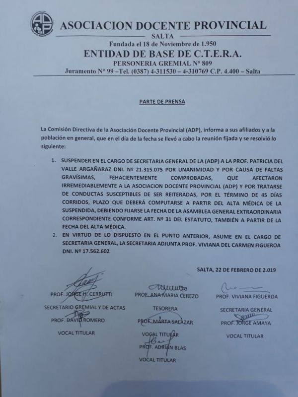 Suspendieron a Patricia Argañaraz como secretaria general de la ADP