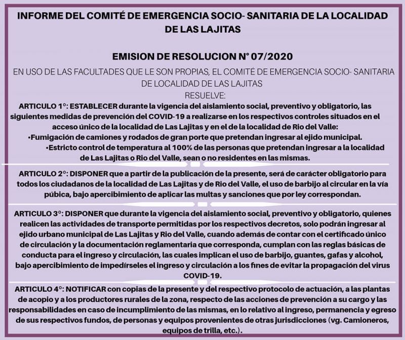 INFORME DEL COMITÉ DE EMERGENCIA SOCIO- SANITARIA DE LA LOCALIDAD DE LAS LAJITAS