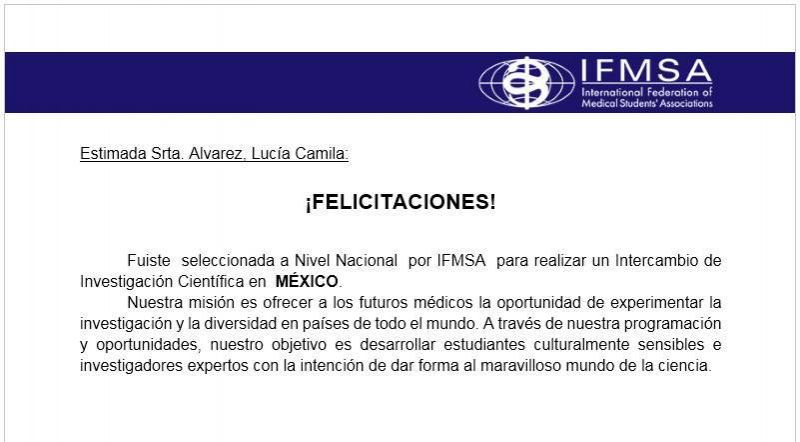 JVG: JOVEN ESTUDIANTE DE MEDICINA SELECCIONADA PARA UN INTERCAMBIO CIENTÌFICO EN MÈXICO