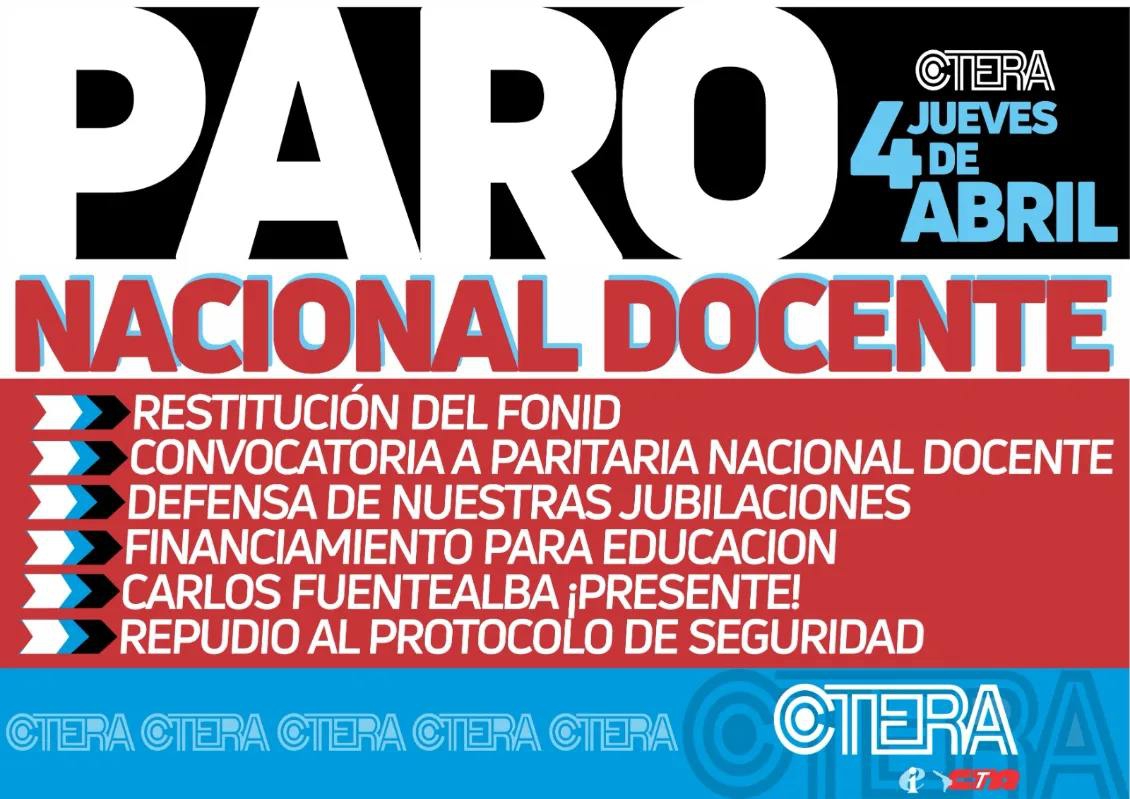 Habrá paro nacional docente este jueves 4 de abril