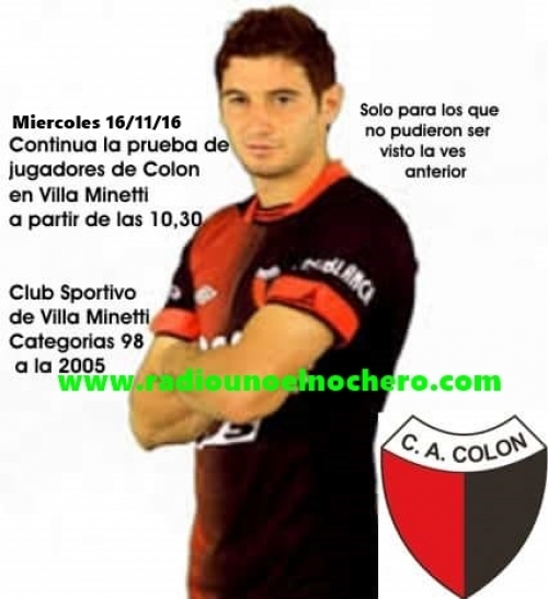 El próximo miércoles será la prueba de fútbol de Colón en Villa Minetti