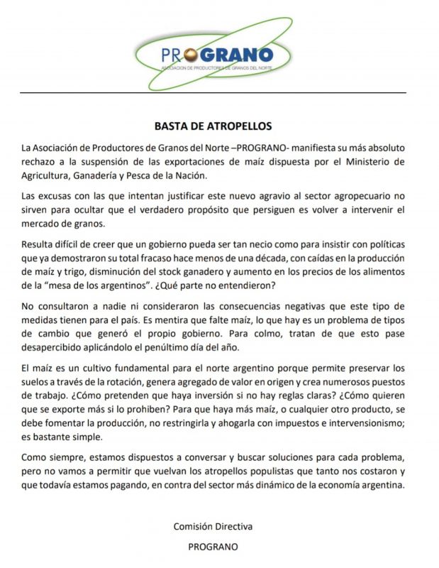 PROGRANO “Basta de atropellos”, la respuesta de Prograno a la medida adoptada por el Gobierno
