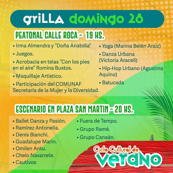 Grilla del segundo fin de semana del Ciclo Cultural De Verano