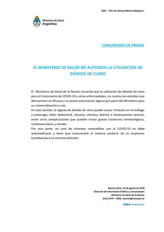 EL MINISTERIO DE SALUD NO AUTORIZA LA UTILIZACIÓN DE DIÓXIDO DE CLORO