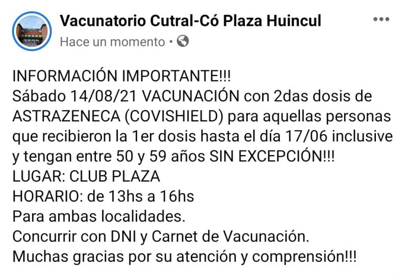 VACUNATORIO CUTRAL CO PLAZA HUINCUL