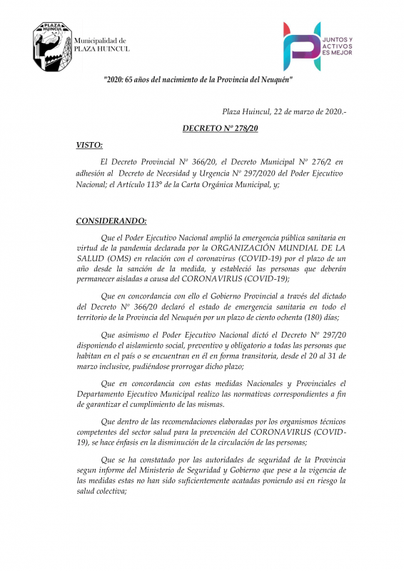 Decreto de adhesión en Plaza Huincul de Aislamiento Social, Preventivo y Obligatorio