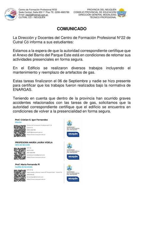 COMUNICADO Centro de Formación Profesional N°22