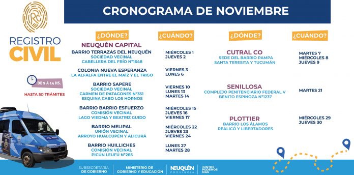 El Registro Civil Móvil visitará Plottier, Cutral Co y Senillosa