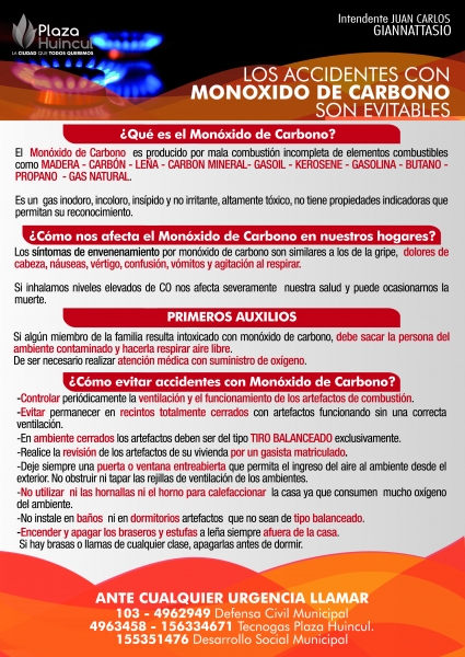 RECOMENDACIONES EN PLAZA HUINCUL, SOBRE EL MONOXIDO DE CARBONO