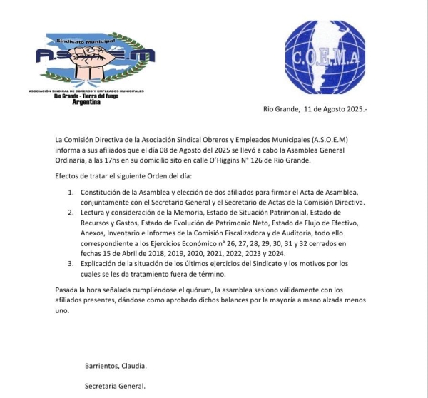 A.S.O.E.M. aprobó balances y trató situación económica en su Asamblea General Ordinaria