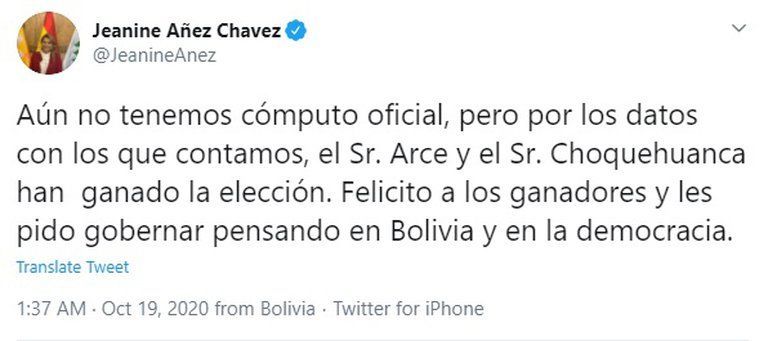 Sin datos oficiales, Jeanine Áñez reconoció al candidato del MAS como ganador de las presidenciales
