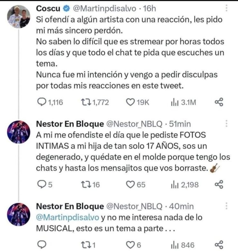 Nestor en Bloque acusó de “violador” a Coscu tras descubrir los chats con su hija