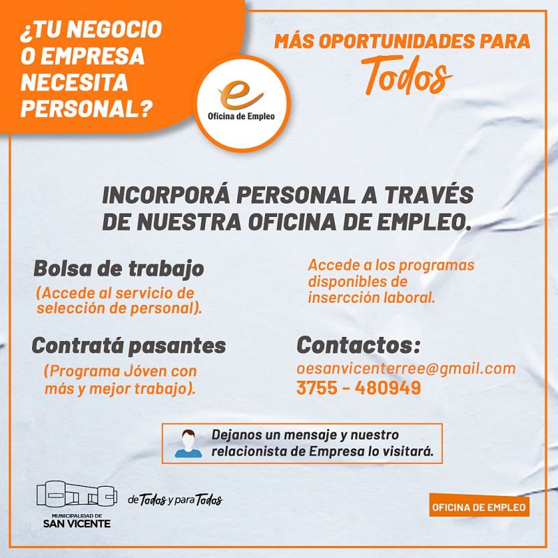 Comunales sanvicentinas: Inscriben para el Programa “Joven con Más y Mejor Trabajo” – Servicio de personal habilitado