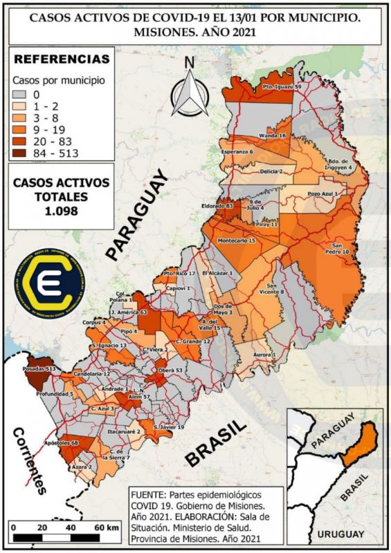 Misiones: Estado de situación de camas UTI - Mapa provincial con casos de Covid activos