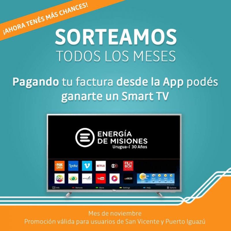 Energía de Misiones sortea Smart TV todos los meses entre usuarios que abonen a través de la App.
