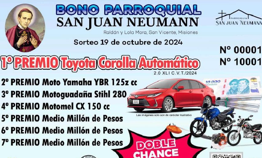 Misiones: Se sorteó el Bono Colaboración 2024 de la Pquia San Juan Neumann - GANADORES