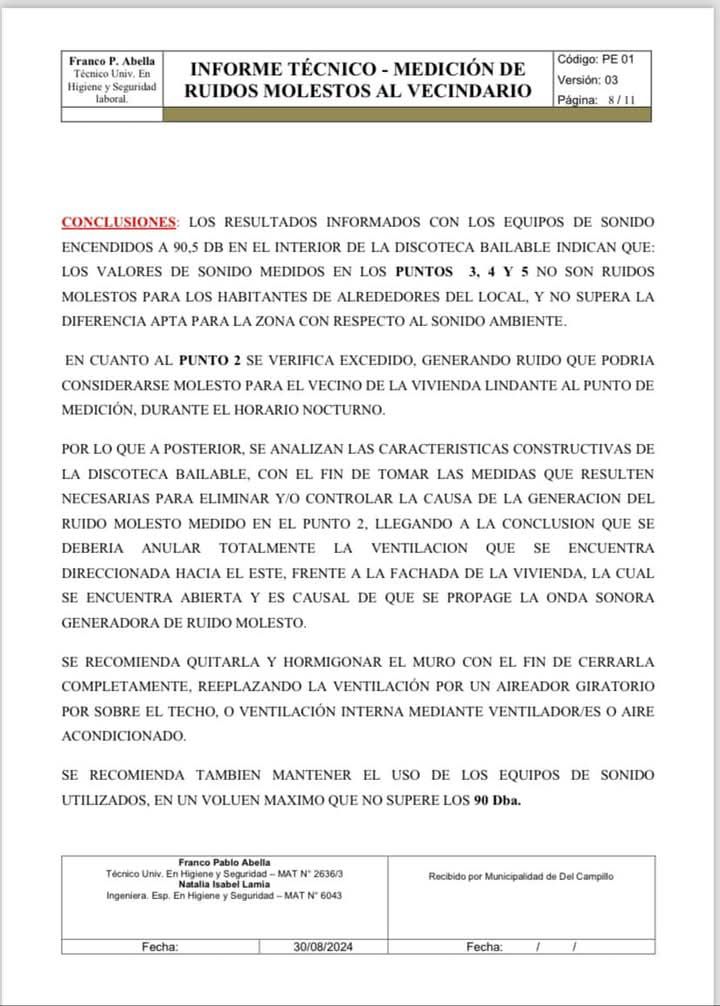 DEL CAMPILLO: EL MUNICIPIO HIZO MEDIR EL SONIDO DE UN BOLICHE TRAS RECLAMOS DE VECINOS POR RUIDOS MOLESTOS