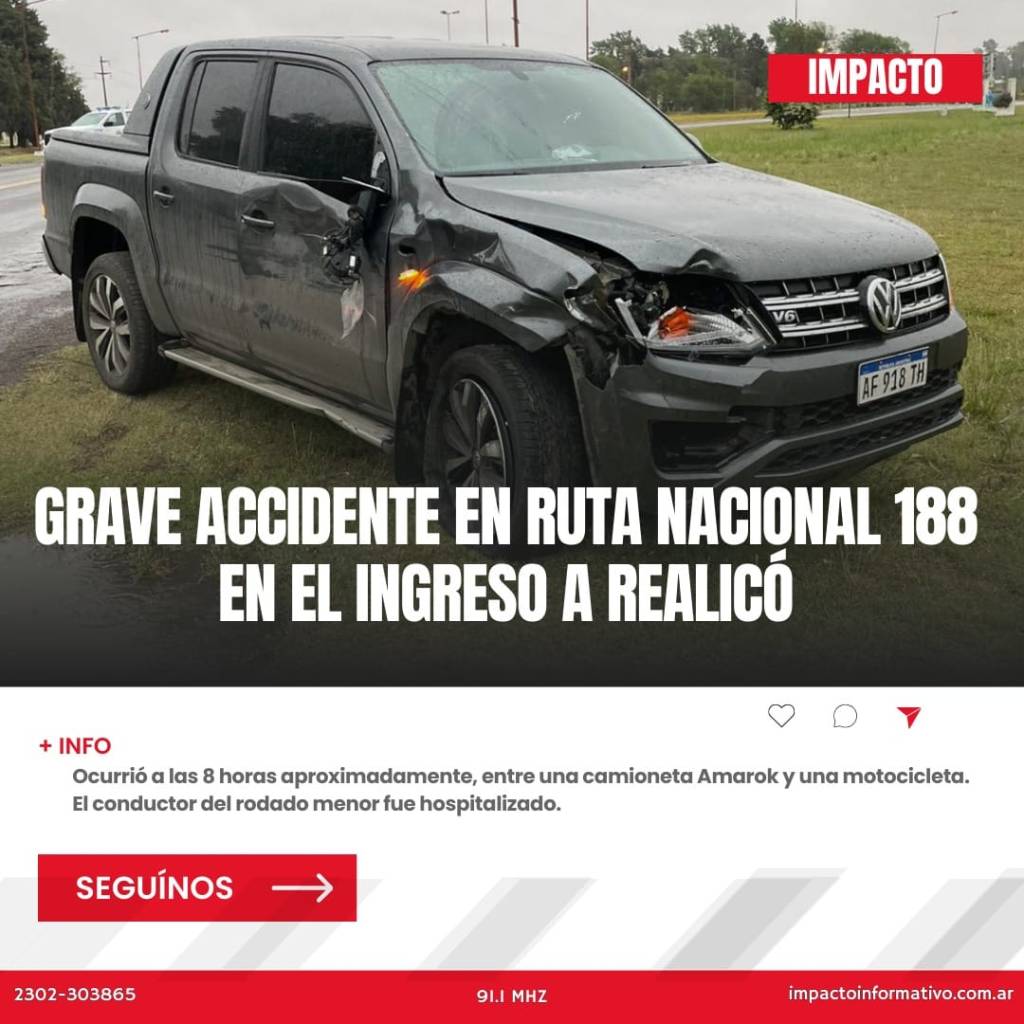 Grave accidente en ruta nacional 188 en el ingreso a Realicó