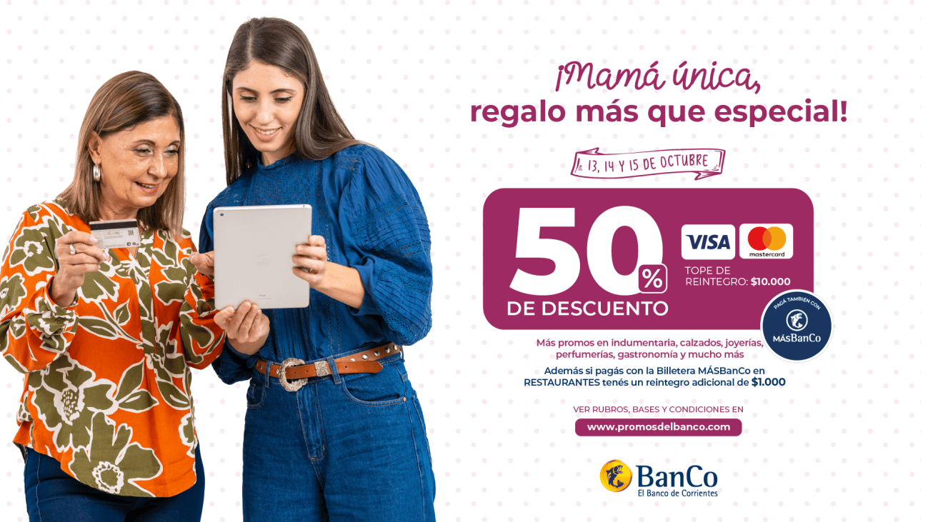Día de la Madre: el Banco de Corrientes brinda un 50% de descuento con sus tarjetas