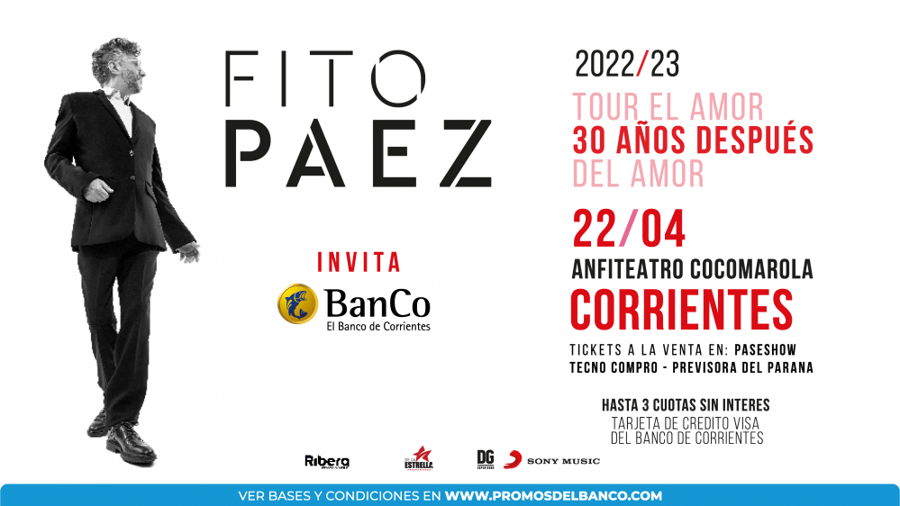Fito Páez en Corrientes: entradas en hasta 3 cuotas sin interés para clientes del BanCo